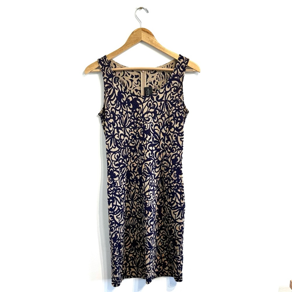 St. John Cocktail dress knit navy gold shimmer scoop neck above the knee